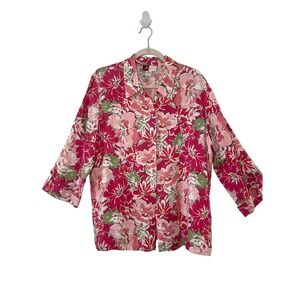 JM‎ Collection Womens Floral Print Button Down 3/4 Sleeve Top Size 16